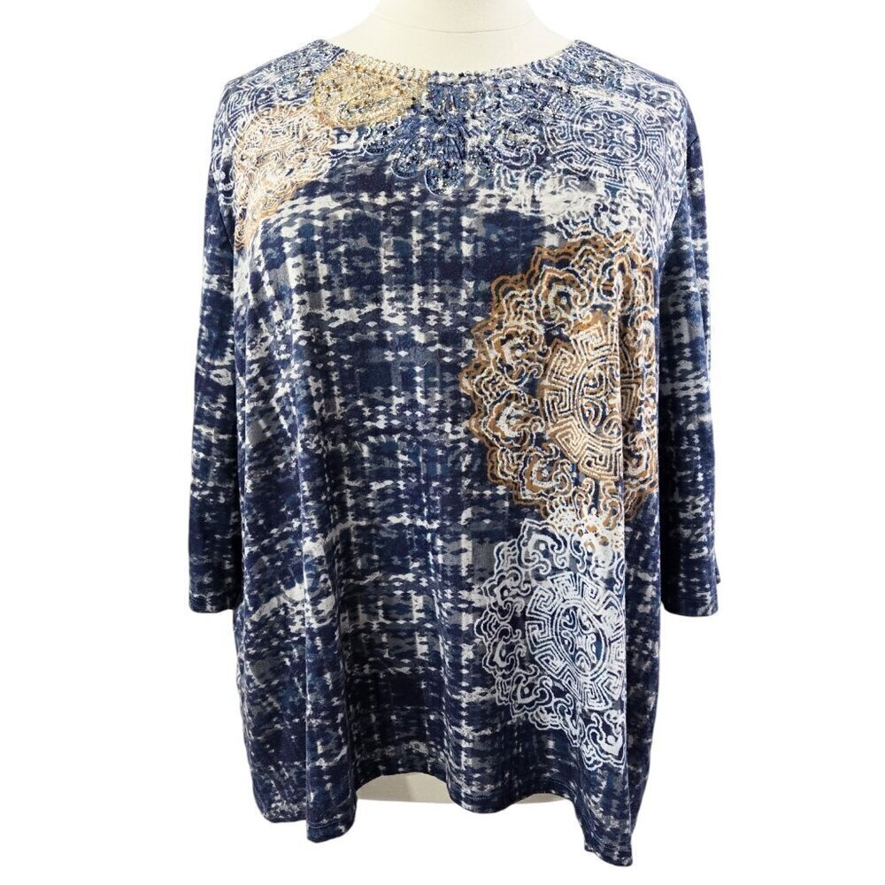 Catherines Blue Mandala Beaded Round Neck Top Beachy Boho Tribal
